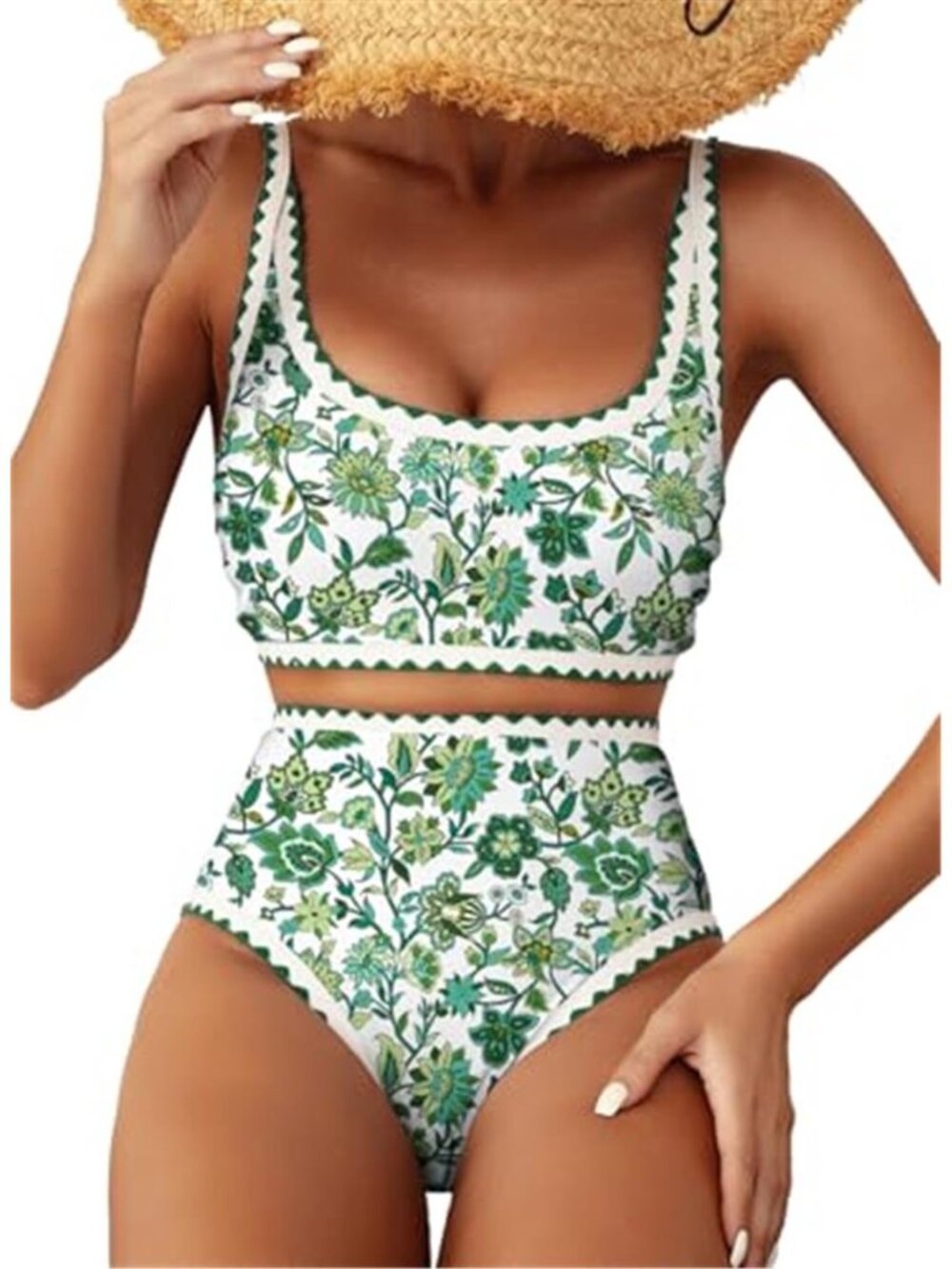 Floral High Waist Bikini Set Scoop Neck Padded Swimsuit Tummy Control Green